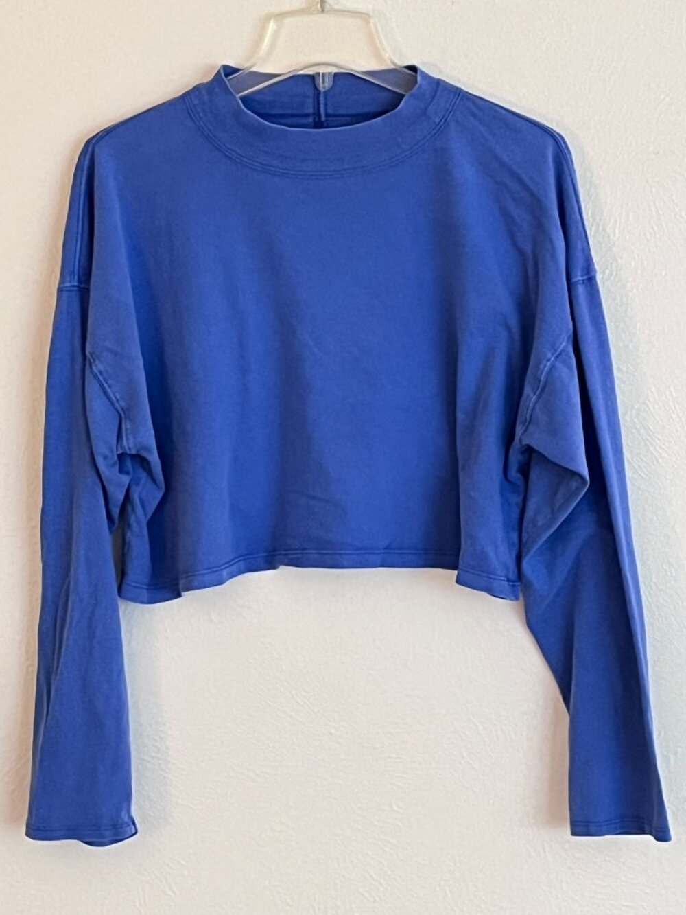 We The Free Blue 100% Cotton Cropped Oversized Mock Neck T-Shirt Size S Bohemian